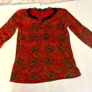 Jones New York Waffle Knit Top Women PS Red Paisley Lace Whimsigoth Grunge Goth